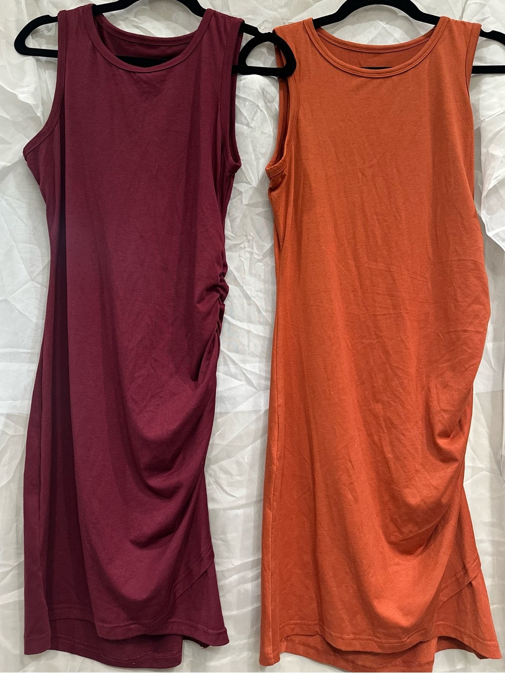 Two Sleeveless Ruched Tank Dress in Burgundy and Orange